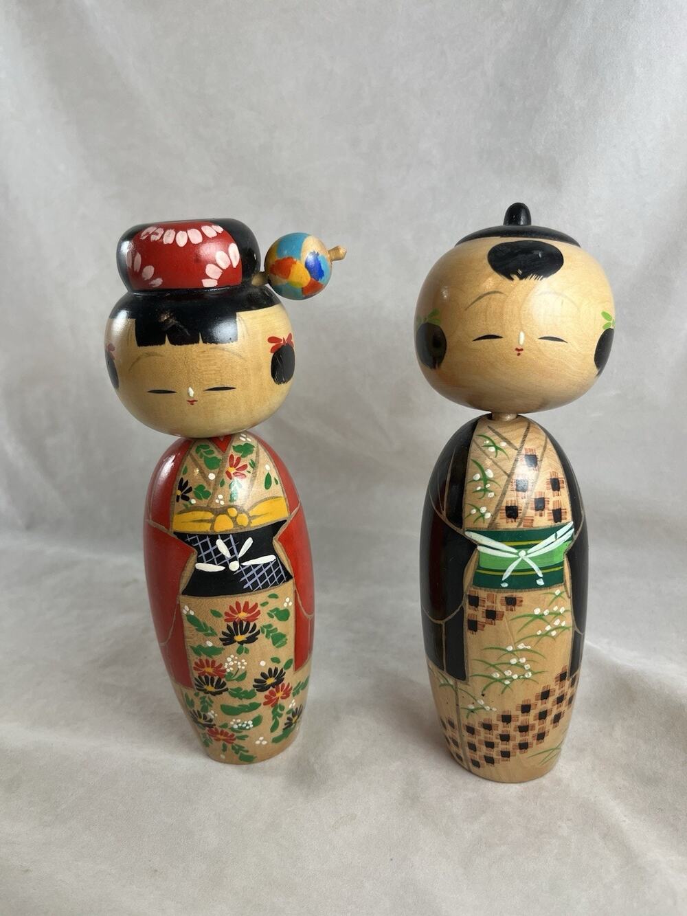 Pair 7" Bobblehead Kokeshi Dolls Wood Japan Folk Art Vintage 1960s Mid Century